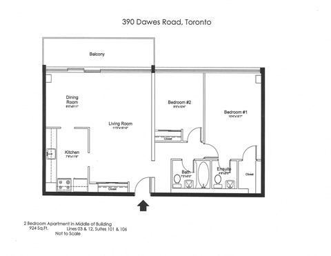 Floor plan for 2 beds, 2 baths, 924 sqft